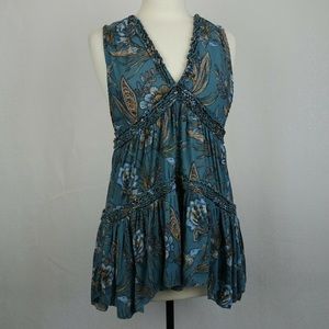Free People Size XS Purple Haze Floral Tiered Sleeveless Teal Tunic Top